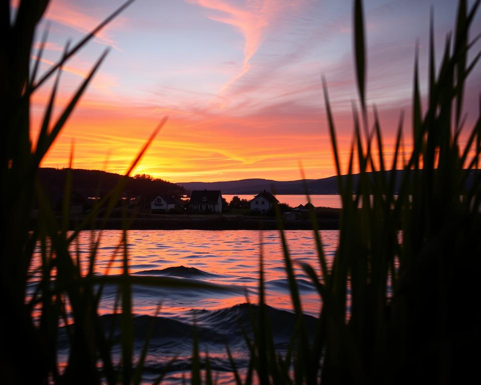 A breathtaking sunset over Schlei, the Ostseefjord, capturing the serene beauty of nature. In the foreground, gentle waves lap against the shore, reflecting the brilliant hues of orange, pink, and purple in the sky. Silhouettes of lush green reeds frame the scene, adding depth. In the middle ground, quaint cottages dot the landscape, their warm lights beginning to glow as twilight approaches. The background features rolling hills and the calm waters of the fjord stretching into the horizon. The scene is illuminated by soft, golden sunlight streaming through wispy clouds, creating a tranquil atmosphere that invites relaxation. Focused on a slightly elevated angle to capture the expansive view, this composition evokes peace and the idyllic charm of a perfect Schlei sunset.