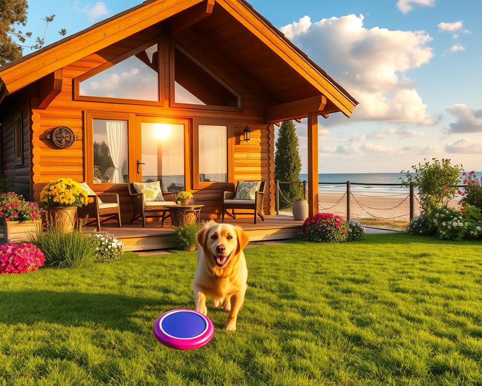 A charming dog-friendly accommodation on Usedom, featuring an inviting wooden cabin surrounded by lush greenery and colorful flowers. In the foreground, a happy golden retriever plays with a frisbee on a well-kept lawn, while a cozy terrace adorned with comfortable outdoor furniture overlooks the scene. The middle ground showcases the cabin's rustic wooden facade, large windows reflecting the sun's warm rays, creating a welcoming atmosphere. In the background, the scenic Usedom coastline with soft sandy beaches and gentle waves can be seen under a bright blue sky, scattered with fluffy white clouds. The overall mood is cheerful and serene, capturing the essence of a perfect getaway for dog owners. Natural lighting enhances the vibrant colors, with a warm glow of the golden hour illuminating the scene.