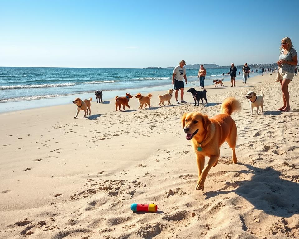 A clean, spacious dog beach in Ückeritz, showcasing man’s best friend playing joyfully in the soft sand. In the foreground, a golden retriever is happily running along the shoreline, with a few colorful dog toys scattered nearby. In the middle ground, other dogs of various breeds are playing fetch and interacting with their owners, who are dressed in casual, respectful clothing. The background features gentle waves lapping against the shore under a clear blue sky, with a few beachgoers enjoying the serene environment and picking up litter, emphasizing cleanliness and environmental respect. The lighting is bright and sunny, casting soft shadows, and the scene is captured from a slightly elevated angle, creating a warm, inviting atmosphere that highlights harmony between pets, their owners, and nature.