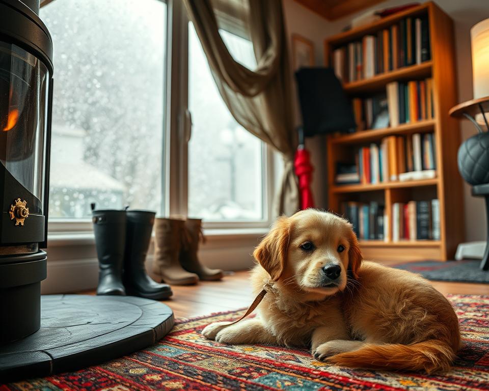 A cozy indoor scene depicting a wet and windy day on Usedom, with a small dog nestled comfortably by a fireplace, showcasing warmth and companionship amidst the gloomy weather. In the foreground, the dog, a fluffy golden retriever, is resting on a colorful rug, its fur slightly damp, with its tail wagging gently. In the middle ground, there’s a large window revealing rain pattering against the glass, while a pair of waterproof boots and an umbrella lean against the wall, hinting at outdoor adventures. The background features a well-stocked bookshelf and soft lighting, creating an inviting atmosphere. The overall mood is serene and intimate, emphasizing the bond between the dog and its owner, making indoor activities during bad weather feel cozy and enjoyable.