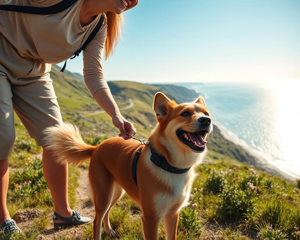 A joyful scene depicting a person with a medium-sized, friendly dog, enjoying a hike on the picturesque island of Usedom. In the foreground, the person, dressed in a casual yet modest outfit, bends down to pet the dog, which has a shiny coat and a wagging tail. The middle ground showcases a lush green landscape with wildflowers and a winding path surrounded by gentle hills. In the background, the serene coastline can be seen, with the soft waves of the Baltic Sea glistening under a bright, sunny sky. The lighting is warm and inviting, suggesting a perfect day for outdoor adventures, enhancing the mood of happiness and companionship. The angle captures both the person and dog, emphasizing their bond and the beauty of nature around them.