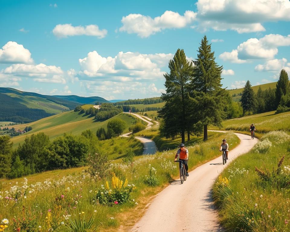 A peaceful landscape in the Probstei region, showcasing well-maintained cycling and hiking trails. In the foreground, cyclists in casual attire enjoy the scenic paths, surrounded by lush greenery and blooming wildflowers. The middle ground features a winding trail that beckons adventurers, flanked by tall trees on either side. In the background, gentle hills roll towards the horizon, with a clear blue sky dotted with fluffy white clouds. The lighting is soft, suggesting early morning or late afternoon, casting a warm glow on the scene. The atmosphere is inviting and serene, capturing the essence of outdoor activities and relaxation in nature. The image presents an idyllic representation of Fahrradwege and Wanderrouten, perfect for depicting active leisure in the stunning Ostsee landscape.