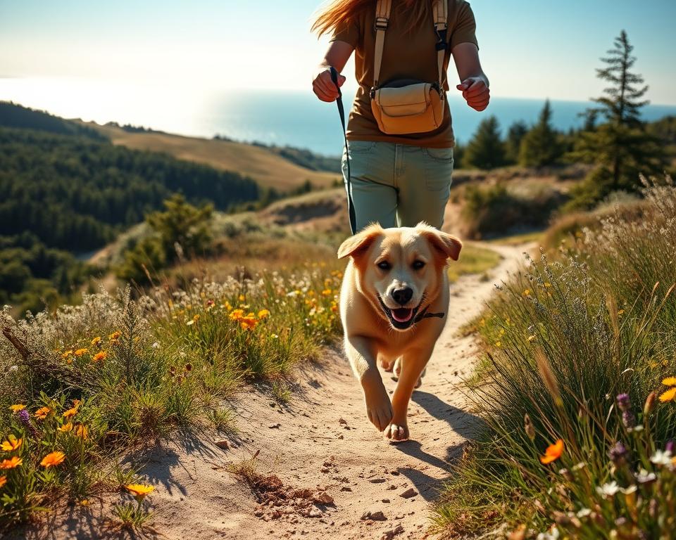 A peaceful scene showcasing a person walking their dog along a nature path on Usedom, surrounded by lush green forests and rolling sand dunes. In the foreground, the dog, a friendly golden retriever, playfully runs alongside its owner, a person wearing comfortable outdoor attire. The middle ground features gentle hills and nature trails winding through vibrant wildflowers. In the background, the tranquil Baltic Sea glimmers under the sunlight. The lighting is warm and inviting, suggesting a late afternoon in summer, with soft shadows and a clear blue sky. Capture the atmosphere of serenity and adventure, highlighting the bond between the person and their dog in this beautiful natural setting.