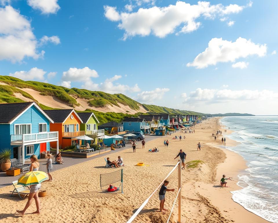A picturesque coastal scene depicting the charming Ortsteile Kalifornien and Brasilien in Schönberger Strand, Germany. In the foreground, vibrant beach houses with colorful facades line the sandy shore, adorned with beach chairs and umbrellas. In the middle ground, families enjoy a sunny day, engaging in various activities like building sandcastles and playing beach volleyball, all dressed in casual summer attire. The background features gentle waves crashing against the shoreline, with lush green dunes rolling under a bright blue sky dotted with soft, white clouds. The image is bathed in warm, golden sunlight, evoking a cheerful and inviting atmosphere. A wide-angle shot captures the expanse of the beach and the charming architecture, inviting viewers to explore the unique character of each Ortsteil.