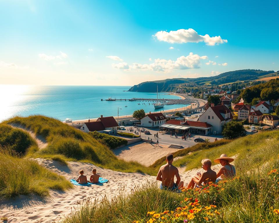 A picturesque scene capturing the essence of the Baltic Sea coastline throughout the four seasons. In the foreground, a family in modest casual clothing enjoys a sunny beach day, with beach towels and umbrellas, surrounded by lush green dunes and vibrant wildflowers. The middle ground features a charming coastal village with quaint houses and a bustling marketplace, while visitors casually stroll along the boardwalk. In the background, the serene Baltic Sea glistens under the warm sunlight, reflecting a clear blue sky dotted with fluffy white clouds. The seasonal transition is illustrated with hints of autumn leaves and a light dusting of snow on the distant hills, creating a harmonious blend of colors. The scene is bathed in warm, inviting lighting, evoking a mood of joy and relaxation, perfect for travel planning and unforgettable memories.