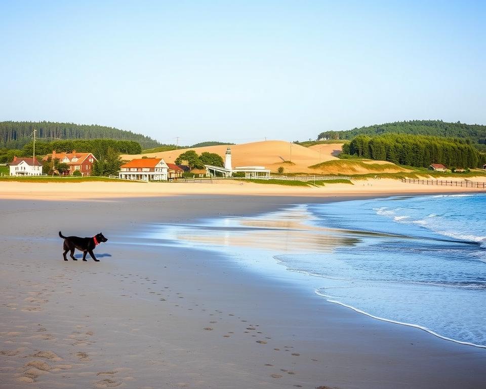 A picturesque scene of Ückeritz, Usedom during the early morning light, with a peaceful beach on the foreground. The beach is dotted with friendly dogs playing, highlighting the dog-friendly atmosphere. In the middle ground, charming beach houses and quaint pathways meander toward a scenic boardwalk. Gentle waves lap at the shore, capturing the essence of a serene coastal retreat. In the background, lush green forests and soft dunes rise against a clear blue sky, setting an inviting tone. The image conveys a warm and welcoming mood, perfect for visitors seeking relaxation and exploration. Use a wide-angle lens to capture the expansive beauty, with soft, natural lighting enhancing the tranquil atmosphere.