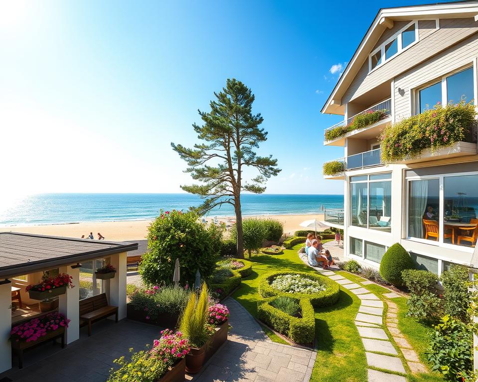 A picturesque seaside accommodation scene in Schönberg, East Sea. In the foreground, a charming hotel with a welcoming entrance featuring flower boxes in full bloom and a cozy patio. To the right, a modern holiday apartment building with large windows and balconies dressed with vibrant greenery. In the middle ground, lush gardens and a neat footpath lead to a sandy beach, where families enjoy the tranquil atmosphere. The background showcases a serene view of the sea, sparkling under a bright blue sky, with a few fluffy white clouds. Soft sunlight bathes the scene, creating a warm, inviting mood. Use a wide-angle lens to capture the entire setting, emphasizing depth and ambiance. The overall composition conveys comfort, relaxation, and the beauty of a vacation near the East Sea.