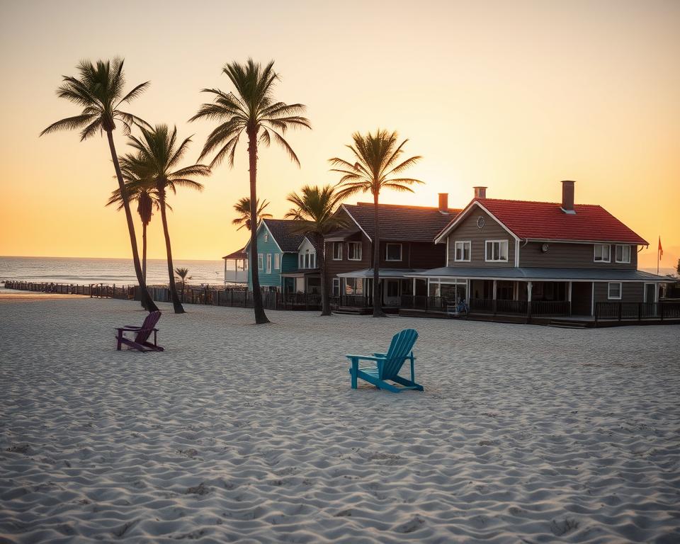 A scenic view of Schönberg Ostsee, highlighting its rich historical development as a seaside resort. In the foreground, showcase a beautiful sandy beach with a few unoccupied colorful beach chairs arranged along the shoreline. In the middle ground, depict charming, old-fashioned beach houses with wooden facades and maritime motifs, partially shaded by swaying palm trees. The background should feature a picturesque coastline under a soft, golden sunset, reflecting off gentle waves. Use warm, natural light to create an inviting atmosphere, with the lens focused on an intimate, slightly elevated angle that captures the tranquil beauty of the scene. The overall mood should be nostalgic yet vibrant, celebrating the maritime charm and history of the location.
