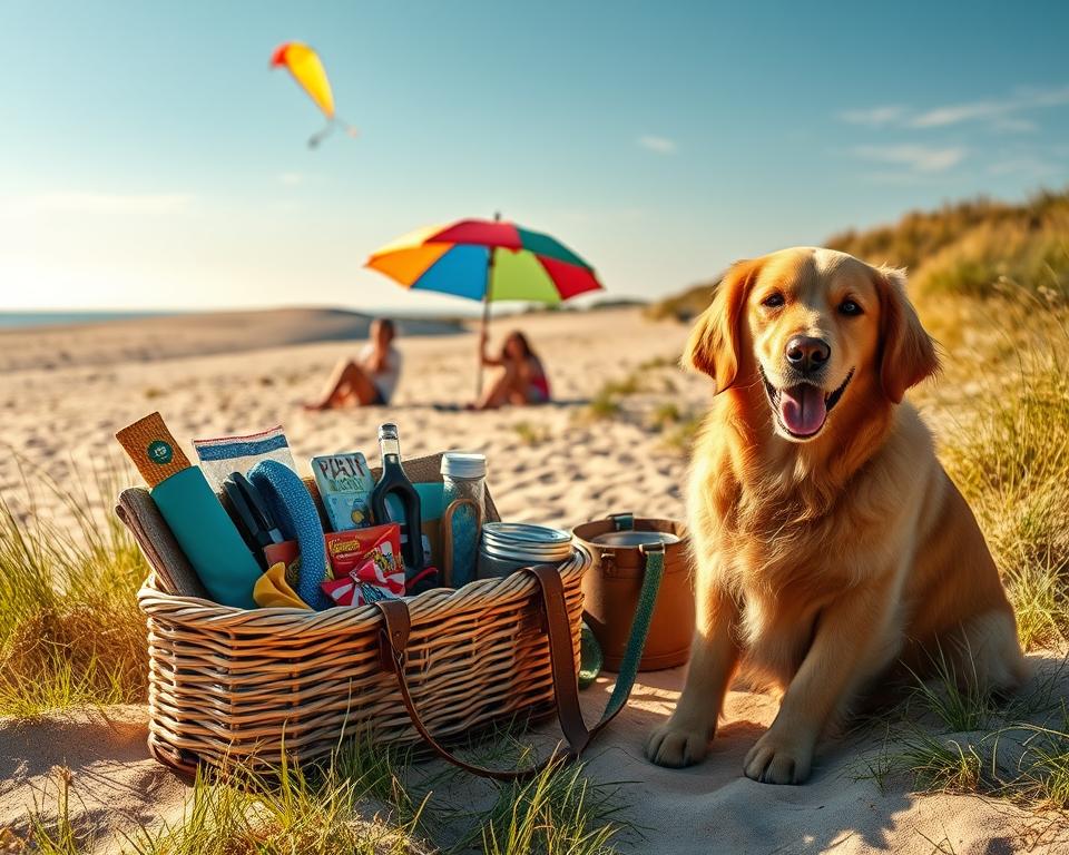 A scenic view of a packed travel scene for a dog-friendly vacation on Usedom. In the foreground, a cheerful golden retriever sits beside a stylish, organized picnic basket filled with essential items like dog treats, a leash, and a water bowl. The middle ground features a vibrant beach with a family enjoying a sunny day, complemented by a colorful beach umbrella and a kite flying in the bright blue sky. In the background, gently swaying dunes and lush green grasses provide a serene atmosphere. The image is bathed in warm, golden sunlight, evoking a sense of joy and adventure. Use a wide-angle lens to capture the expansive beauty, emphasizing the bond between the dog and its owners while ensuring a tranquil and inviting mood.