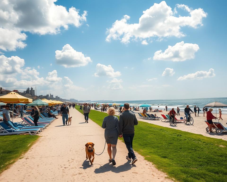 A scenic view of the Gassi Usedom Promenade, bustling with activity. In the foreground, a couple walks their dog along the elegant, sandy path, surrounded by vibrant green grass. The middle ground features a variety of colorful beach umbrellas and lounge chairs, inviting relaxation. People of diverse backgrounds stroll nearby, some cycling, with the gentle waves of the Baltic Sea in the background. The sky is a bright azure, with fluffy white clouds, casting soft shadows on the promenade. Warm, midday sunlight bathes the scene, creating an inviting and cheerful atmosphere. Captured with a wide-angle lens to emphasize the spaciousness of the promenade, making it look appealing for dog walkers and families alike.