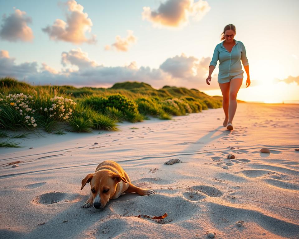 A scenic view of the Usedom coast, featuring a person walking a happy dog along a sandy beach. In the foreground, the dog is playfully digging in the sand, with a few scattered seashells around. The middle ground shows gentle waves lapping at the shore, with a backdrop of lush green dunes and wildflowers, creating a vibrant and natural landscape. In the background, the sun sets over the horizon, casting a warm golden light across the scene, while fluffy clouds reflect shades of pink and orange. The atmosphere is serene and inviting, highlighting sustainable travel and a connection to nature. The scene emphasizes a harmonious relationship with the environment, portraying a perfect day of eco-friendly adventures with a furry companion.