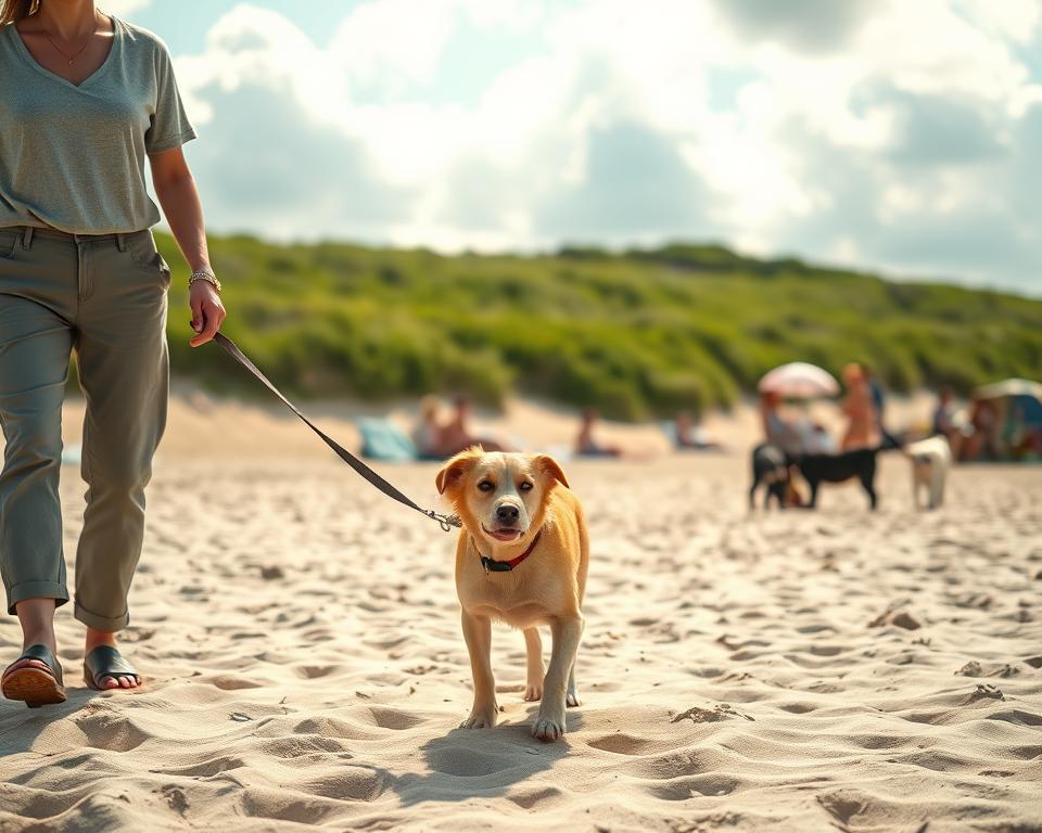 A scenic view on the island of Usedom, showcasing a sandy beach and lush green dunes in the background. In the foreground, a well-behaved dog on a leash walks alongside its owner, a person dressed in casual yet modest clothing, conveying a sense of responsibility and care. The middle ground features beachgoers enjoying a sunny day, some sunbathing and others playing with their dogs on leashes, emphasizing the leash law. Sunlight filters through fluffy white clouds, casting soft shadows and creating a warm, inviting atmosphere. The image has a slight depth of field effect, focusing on the dog and its owner while subtly blurring the background for a dreamy quality. The overall mood is cheerful, emphasizing harmony between pets and their owners in a beautiful natural setting.