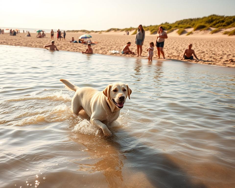 A serene beach scene at the Baltic Sea, showcasing a protected area for dogs to swim. In the foreground, a friendly Labrador retriever wades playfully in the calm waters, with splashes of water glistening in the sunlight. The middle ground features a sandy beach dotted with colorful umbrellas and families enjoying the day, with adults in modest casual clothing watching over their children. In the background, gentle waves lap against the shore, surrounded by tender dunes and lush greenery. The atmosphere is warm and inviting, with a soft golden sunlight casting a tranquil glow on the scene. Capture this image with a wide-angle lens to encompass the beauty of the environment, creating a sense of safety and enjoyment.