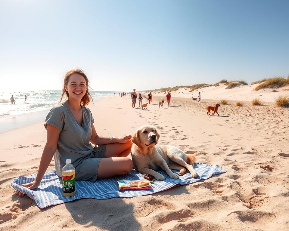 A serene beach scene featuring a person taking a relaxing pause with their dog. In the foreground, a smiling individual dressed in casual, modest clothing is seated on a beach towel, surrounded by a picnic setup including a water bottle and snacks. Their dog, a playful golden retriever, is lying beside them, enjoying the moment. In the middle ground, the gentle waves lap against the shore, while other beachgoers, including families with dogs, stroll along the sand. The background showcases soft dunes and scattered beach grass under a clear blue sky, filled with warm sunlight creating a joyful, inviting atmosphere. The angle is slightly elevated to capture both the peaceful relaxation and the vibrant beach life.