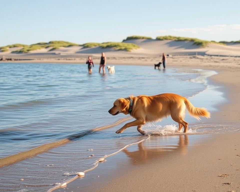 A serene dog-friendly beach in Ückeritz during early morning light, showcasing calm waves gently lapping at the shore. In the foreground, a playful golden retriever splashes in the shallow water, its fur glistening in the soft sunlight. Nearby, a few scattered seashells and smooth pebbles decorate the sandy beach. In the middle ground, a small group of dog owners, dressed in casual, modest clothing, engage with their dogs, all appearing relaxed and joyful. The background features rolling sand dunes, partially covered with tufts of green grass, and a clear blue sky with minimal clouds. The lighting is warm and inviting, creating a peaceful, tranquil atmosphere that highlights the best time for a visit, free from the hustle and bustle of larger crowds.