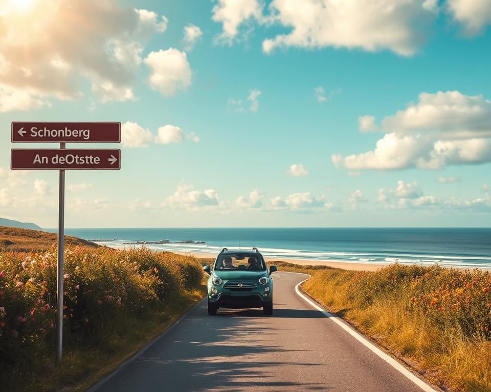 A serene landscape showcasing the journey to Schönberg an der Ostsee, capturing a scenic coastal road lined with lush greenery and blooming wildflowers. In the foreground, a well-maintained road with directional signs indicates the way to Schönberg. The middle ground features a comfortable car with passengers enjoying the ride, dressed in casual yet neat clothing. In the background, the stunning Ostsee coastline is visible, with soft waves gently lapping at the sandy shore under a bright blue sky dotted with fluffy white clouds. The lighting is warm and inviting, evoking a sense of adventure and relaxation. The scene is framed with a slight tilt, emulating a travel photography angle that emphasizes the journey's beauty and ease.