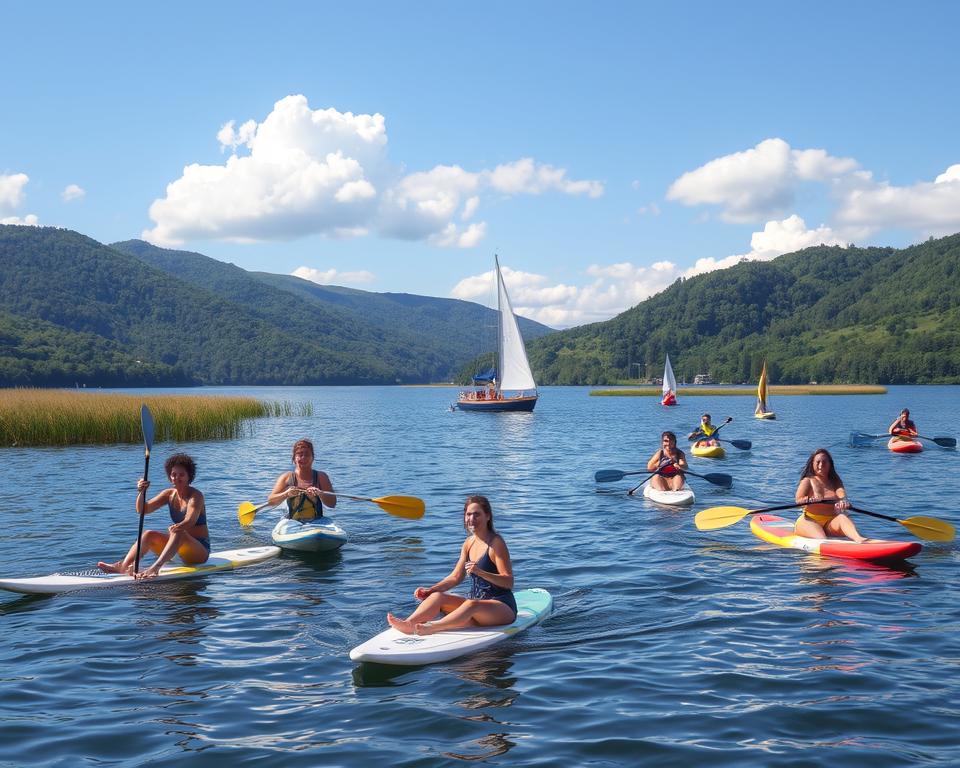 A serene scene at the Schlei fjord, showcasing water sports in a natural paradise. In the foreground, a group of diverse individuals on paddleboards glide gracefully across the calm water, while others kayak alongside, smiling and enjoying the activity. In the middle ground, a small sailboat with bright sails navigates the fjord, adding a sense of adventure. The background features lush green hills and gentle reeds framing the water, under a clear blue sky with fluffy white clouds. Soft sunlight bathes the scene in a warm glow, enhancing the tranquil atmosphere. The image captures a lively yet peaceful day of outdoor water sports, inviting viewers to immerse themselves in this idyllic setting.