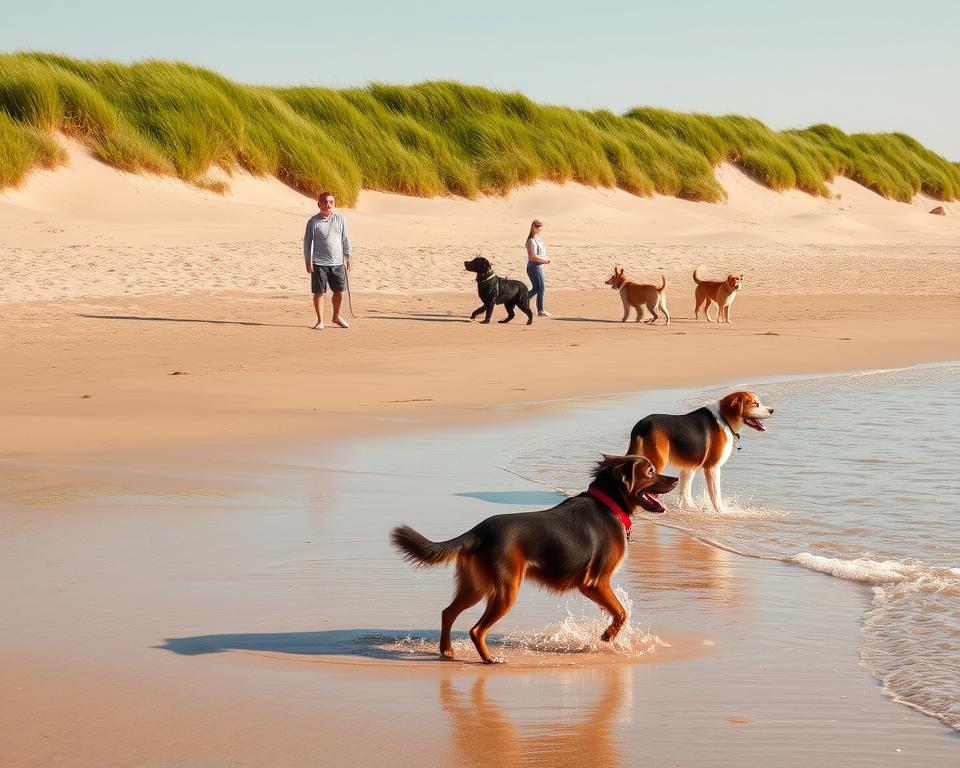 A serene view of Hundestrand Ückeritz, capturing its beautiful sandy shoreline and gentle waves lapping at the beach. In the foreground, a few well-behaved dogs are playing fetch, showcasing their joy as they splash in the shallow water. The middle ground features a couple of families with dogs, enjoying their day on the beach, all dressed in modest, casual clothing. In the background, lush green dune vegetation rises, creating a natural barrier between the beach and the access path. The scene is bathed in warm, golden sunlight, suggesting a pleasant afternoon, with soft shadows enhancing the textures of the sand. The overall mood is cheerful and welcoming, inviting visitors to enjoy this dog-friendly beach.