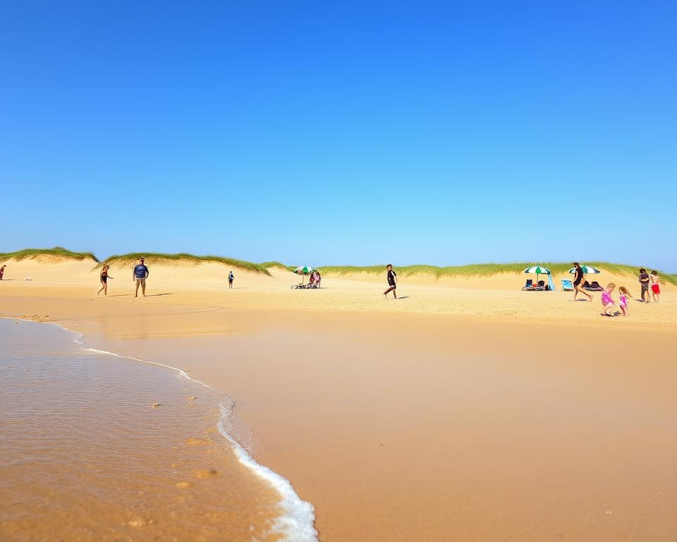 A serene view of Schönberger Strand along the Baltic Sea, showcasing golden sandy beaches stretching for kilometers under a clear blue sky. In the foreground, gentle waves lapping at the shore with small pebbles scattered among the sand, evoking a sense of relaxation. The middle ground features families enjoying their day, some building sandcastles and others strolling along the water’s edge, all dressed in comfortable summer attire. In the background, softly swaying dunes adorned with beach grass and a row of wooden beach chairs under colorful umbrellas. The lighting is warm and inviting, suggesting late afternoon sun with a soft focus lens effect that enhances the tranquil atmosphere of this picturesque seaside destination, perfect for unwinding and enjoying nature.