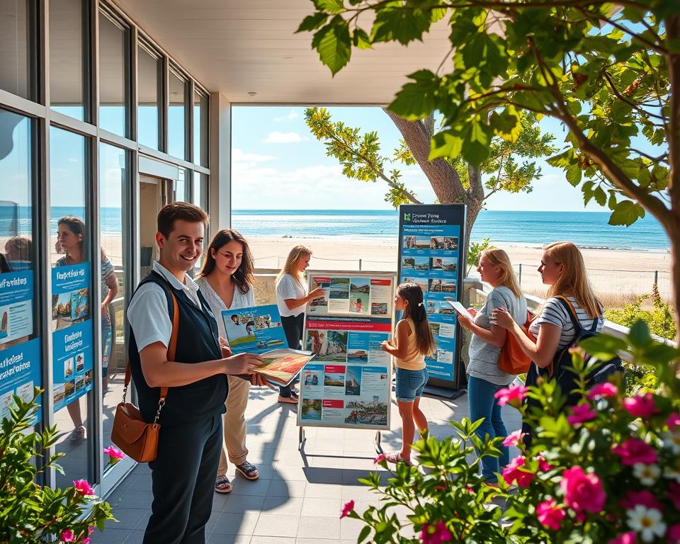 A vibrant and inviting Tourist Information Center in Schönberg, Ostsee, featuring a large, modern building with glass windows and a welcoming entrance. In the foreground, a friendly staff member in professional attire is assisting a family with brochures and maps, showcasing various tourist services. In the middle ground, a display board highlights local attractions and activities with colorful imagery. The background captures a picturesque view of the Ostsee coastline with sandy beaches and clear blue skies. Natural sunlight streams through the windows, casting warm shadows, creating an inviting atmosphere. The scene is framed with lush green trees and flowers, enhancing the tranquil, vacation-like mood of the coastal town. Use a wide-angle lens for an expansive view.