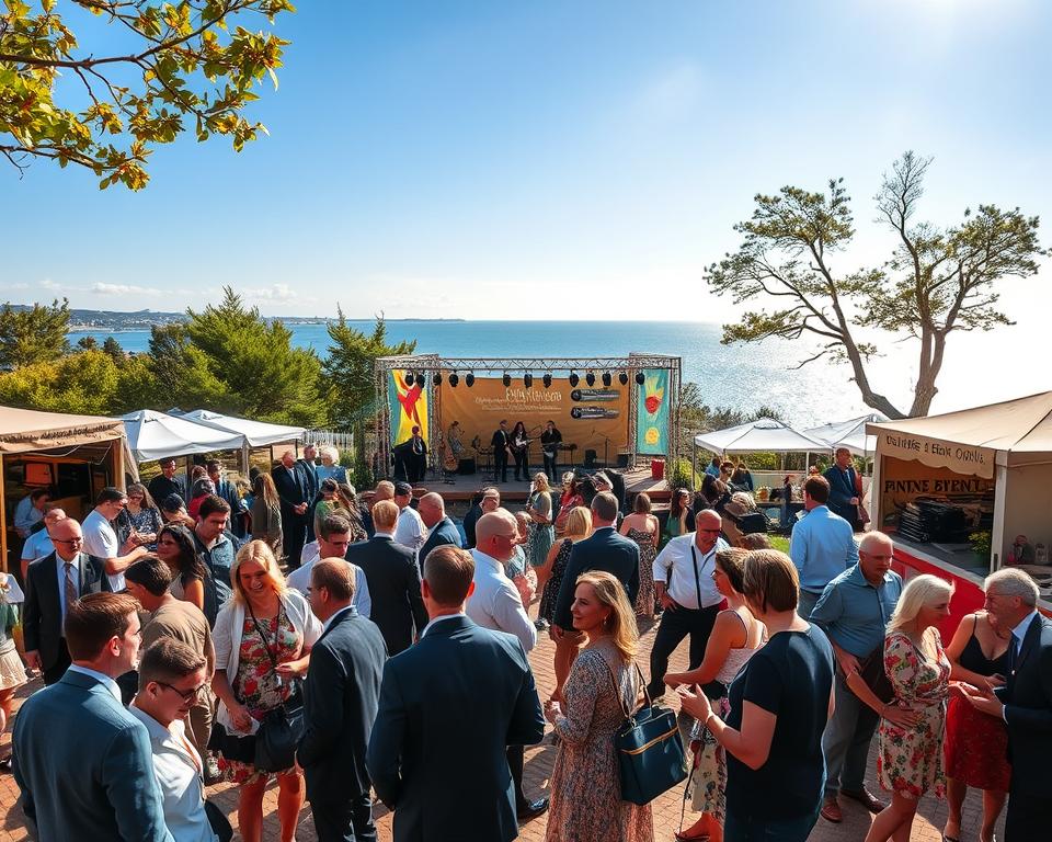 A vibrant cultural program scene at Schönberg Ostsee, showcasing various outdoor events and activities. In the foreground, a diverse group of people in professional business attire and modest summer clothing are gathered, engaging in discussions and relaxed interactions. In the middle, a stage with musicians is set up, surrounded by colorful flowers and decorative banners. Families and couples enjoy gourmet food stalls, laughter and joy filling the air. The background features a beautifully lit coastal landscape, with the shimmering Baltic Sea under a clear blue sky. Soft sunlight filters through trees, casting playful shadows. Capture a lively, inviting atmosphere that reflects community spirit and the rich cultural offerings of Schönberg.