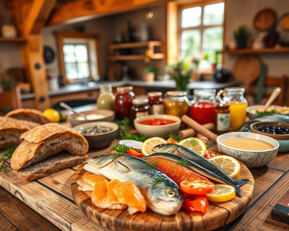 A vibrant display of regional specialties from Schleswig-Holstein, featuring a wooden table laid with traditional dishes. In the foreground, a beautifully arranged platter showcasing hearty rye bread, smoked fish, and fresh seafood, garnished with dill and lemon. The middle ground includes rustic bowls of creamy fish soup and pickled vegetables, along with jars of local jams and honey. In the background, a cozy kitchen scene with wooden beams and warm, golden lighting that highlights the food's textures, creating a welcoming atmosphere. Soft focus on the edges emphasizes the delicious details and invites the viewer into a culinary experience. The overall mood is inviting and celebratory, perfect for showcasing the flavors of Schleswig-Holstein.