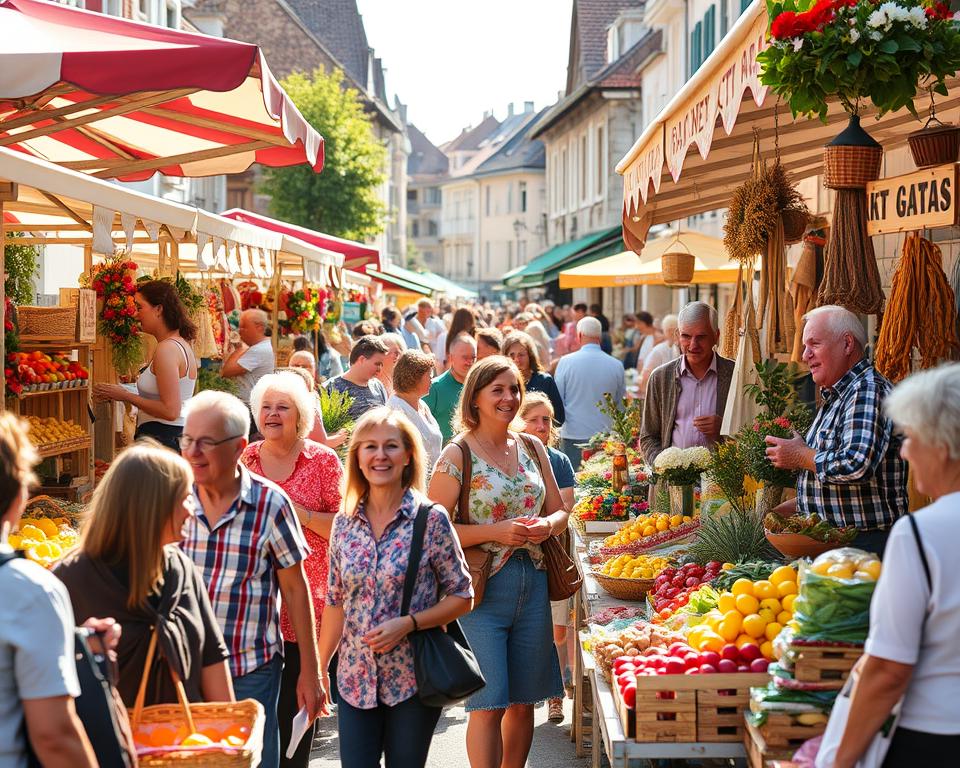 A vibrant weekly market scene in Schönberg, filled with local vendors and shoppers. In the foreground, a diverse group of people, including families and older couples, browse colorful stalls adorned with fresh fruits, vegetables, flowers, and artisanal goods, all displayed attractively. The middle ground captures the lively interaction between vendors and customers, showcasing joyful expressions and vibrant merchandise. In the background, traditional market tents and the picturesque architecture of Schönberg's streets are visible, bathed in warm, natural sunlight, suggesting a bright, pleasant day. The atmosphere is bustling and cheerful, with a feeling of community and connection. Use a slightly elevated angle to give a broader view of the market dynamics, ensuring the lighting emphasizes the colors of the produce and the joyful engagement of the shoppers.