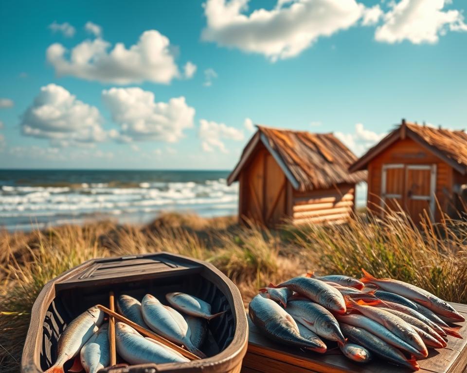 Fisher huts along the dyke by the Baltic Sea, showcasing vibrant colors and rustic wooden textures. In the foreground, a small wooden fishing boat with freshly caught fish displayed nearby, glistening in the sunlight. The middle ground features charming, traditional fishing cabins with thatched roofs, surrounded by coastal grasses swaying gently in the breeze. The background captures the serene Baltic coastline, with rolling waves and a clear blue sky dotted with fluffy clouds, reflecting a tranquil ambiance. Soft, warm lighting enhances the natural beauty of the scene, creating an inviting atmosphere. The image has a slight depth of field effect, focusing on the huts and fish, while gently blurring the horizon. Overall, it conveys the essence of culinary delights from the sea and local culture.