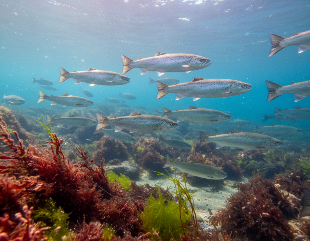 A beautifully serene underwater scene depicting a school of sea trout (Meerforelle) and salmon gracefully swimming through the crystal-clear waters of the Flensburg Fjord. In the foreground, vibrant seaweed sways gently with the currents, adding pops of green and red color. In the middle layer, a few sea trout showcase their sleek, silvery bodies, reflecting the soft, dappled sunlight filtering through the surface. In the background, the silhouette of rocky formations and a distant sandy bottom create a natural habitat rich in biodiversity. The lighting is soft and natural, simulating a warm, late afternoon glow, while the overall atmosphere conveys tranquility and the enchanting beauty of marine life in the Flensburger Förde. The angle is a slightly low perspective, capturing the dynamic movement of the fish against an ethereal underwater landscape. A beautifully serene underwater scene depicting a school of sea trout (Meerforelle) and salmon gracefully swimming through the crystal-clear waters of the Flensburg Fjord. In the foreground, vibrant seaweed sways gently with the currents, adding pops of green and red color. In the middle layer, a few sea trout showcase their sleek, silvery bodies, reflecting the soft, dappled sunlight filtering through the surface. In the background, the silhouette of rocky formations and a distant sandy bottom create a natural habitat rich in biodiversity. The lighting is soft and natural, simulating a warm, late afternoon glow, while the overall atmosphere conveys tranquility and the enchanting beauty of marine life in the Flensburger Förde. The angle is a slightly low perspective, capturing the dynamic movement of the fish against an ethereal underwater landscape.