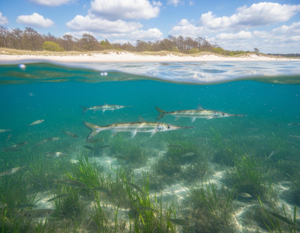 A dynamic scene depicting a Hornhecht (garfish) swimming gracefully in the crystal-clear waters of the Flensburger Förde during springtime. In the foreground, vibrant aquatic plants sway gently with the current, while schools of smaller fish dart playfully nearby, adding life to the underwater environment. The middle ground features several Hornhecht, their elongated bodies shining under the sunlight that pierces through the water's surface, creating a shimmering light effect. The background showcases a serene coastal landscape, with soft sandy shores and distant trees under a blue sky dotted with fluffy clouds. The image should evoke a sense of tranquility and beauty, highlighting the rich biodiversity of this unique ecosystem. Use natural lighting to enhance the scene, capturing the essence of a warm spring day. A dynamic scene depicting a Hornhecht (garfish) swimming gracefully in the crystal-clear waters of the Flensburger Förde during springtime. In the foreground, vibrant aquatic plants sway gently with the current, while schools of smaller fish dart playfully nearby, adding life to the underwater environment. The middle ground features several Hornhecht, their elongated bodies shining under the sunlight that pierces through the water's surface, creating a shimmering light effect. The background showcases a serene coastal landscape, with soft sandy shores and distant trees under a blue sky dotted with fluffy clouds. The image should evoke a sense of tranquility and beauty, highlighting the rich biodiversity of this unique ecosystem. Use natural lighting to enhance the scene, capturing the essence of a warm spring day.