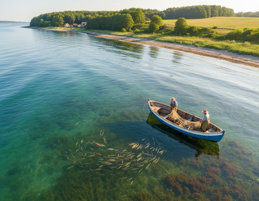 A serene scene depicting sustainable fishing practices in the Baltic Sea, focusing on the Flensburg Fjord. In the foreground, a small fishing boat is hauling in a net filled with various fish, showcasing the rich biodiversity of the area, including cod, flounder, and herring. The fishermen, wearing practical, modest clothing and sun hats, are working diligently. In the middle ground, vibrant underwater life is visible, with schools of fish and marine plants beneath the translucent water. The background features a picturesque coastal landscape with lush greenery and gentle waves lapping at the shore. The atmosphere is calm and hopeful, captured in soft, natural lighting, with a wide-angle lens that enhances the expansive beauty of the fjord. A serene scene depicting sustainable fishing practices in the Baltic Sea, focusing on the Flensburg Fjord. In the foreground, a small fishing boat is hauling in a net filled with various fish, showcasing the rich biodiversity of the area, including cod, flounder, and herring. The fishermen, wearing practical, modest clothing and sun hats, are working diligently. In the middle ground, vibrant underwater life is visible, with schools of fish and marine plants beneath the translucent water. The background features a picturesque coastal landscape with lush greenery and gentle waves lapping at the shore. The atmosphere is calm and hopeful, captured in soft, natural lighting, with a wide-angle lens that enhances the expansive beauty of the fjord.