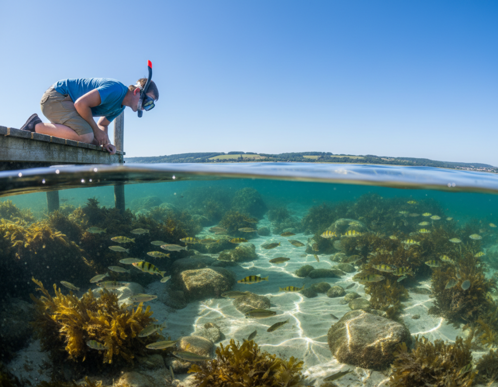 A serene scene of fish observation in the Flensburger Förde, showcasing a clear view of various fish species swimming in the crystal-clear Baltic Sea waters. In the foreground, include an observer in modest casual clothing peering into the water, equipped with a snorkeling mask and snorkel, carefully observing the vibrant marine life. The middle layer features schools of colorful fish, such as perch and sprat, gracefully moving among patches of seaweed and underwater rocks. In the background, depict a tranquil coastal landscape with lush green hills and a bright blue sky, emphasizing the peaceful atmosphere of the region. Soft sunlight filters through the water, creating dappled light patterns on the sandy seabed, enhancing the mood of discovery and appreciation for nature's diversity. A serene scene of fish observation in the Flensburger Förde, showcasing a clear view of various fish species swimming in the crystal-clear Baltic Sea waters. In the foreground, include an observer in modest casual clothing peering into the water, equipped with a snorkeling mask and snorkel, carefully observing the vibrant marine life. The middle layer features schools of colorful fish, such as perch and sprat, gracefully moving among patches of seaweed and underwater rocks. In the background, depict a tranquil coastal landscape with lush green hills and a bright blue sky, emphasizing the peaceful atmosphere of the region. Soft sunlight filters through the water, creating dappled light patterns on the sandy seabed, enhancing the mood of discovery and appreciation for nature's diversity.