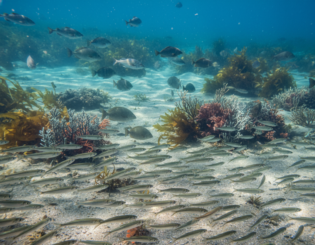 A serene underwater scene depicting the seasonal fish migrations in the Baltic Sea. In the foreground, a school of vibrant herring swims gracefully, their silvery scales glinting in dappled sunlight. In the middle ground, a stunning variety of fish species, such as cod and flounder, weave through swaying seaweed and corals, illustrating the rich biodiversity of the Flensburger Förde. The background features the soft, undulating contours of a sandy seabed and distant marine plants, creating depth and a sense of movement. The lighting is bright and clear, capturing the lively atmosphere of the underwater ecosystem. The mood is tranquil yet dynamic, showcasing the natural beauty of fish and their seasonal habits without any distractions or text. A serene underwater scene depicting the seasonal fish migrations in the Baltic Sea. In the foreground, a school of vibrant herring swims gracefully, their silvery scales glinting in dappled sunlight. In the middle ground, a stunning variety of fish species, such as cod and flounder, weave through swaying seaweed and corals, illustrating the rich biodiversity of the Flensburger Förde. The background features the soft, undulating contours of a sandy seabed and distant marine plants, creating depth and a sense of movement. The lighting is bright and clear, capturing the lively atmosphere of the underwater ecosystem. The mood is tranquil yet dynamic, showcasing the natural beauty of fish and their seasonal habits without any distractions or text.