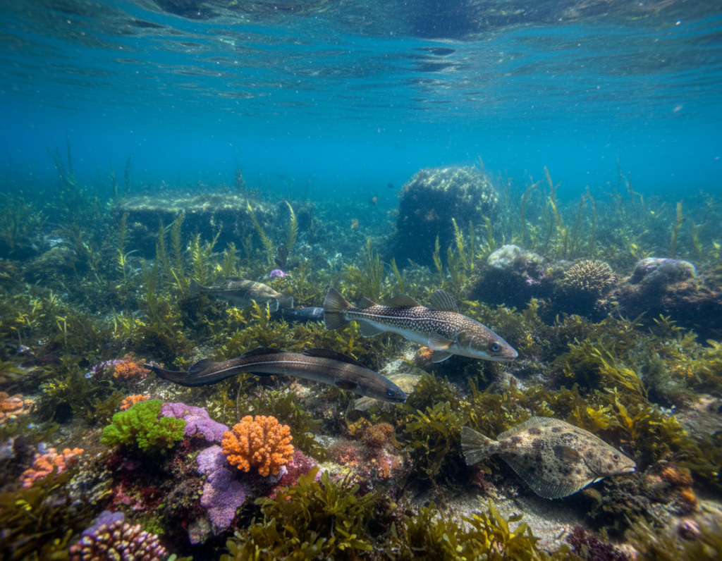 A serene underwater scene showcasing protected fish species specific to the Baltic Sea. In the foreground, vibrant fish like the European eel, the Baltic cod, and the rare flounder swim gracefully among lush seaweed and colorful corals. The middle layer captures the shimmering water, allowing sunlight to filter through and create a dappled effect, enhancing the rich colors of the fish. In the background, soft, blurred silhouettes of rocky outcrops and additional aquatic plants provide depth. The overall atmosphere is tranquil and vibrant, evoking a sense of wonder and biodiversity, with clear blue hues illuminating the underwater world, shot from a slightly elevated angle to capture the diversity of marine life. A serene underwater scene showcasing protected fish species specific to the Baltic Sea. In the foreground, vibrant fish like the European eel, the Baltic cod, and the rare flounder swim gracefully among lush seaweed and colorful corals. The middle layer captures the shimmering water, allowing sunlight to filter through and create a dappled effect, enhancing the rich colors of the fish. In the background, soft, blurred silhouettes of rocky outcrops and additional aquatic plants provide depth. The overall atmosphere is tranquil and vibrant, evoking a sense of wonder and biodiversity, with clear blue hues illuminating the underwater world, shot from a slightly elevated angle to capture the diversity of marine life.