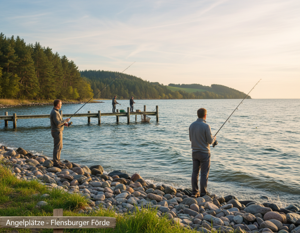 A serene view of Angelplätze on the Flensburger Förde, capturing the essence of fishing spots. In the foreground, a calm shoreline with smooth stones and patches of lush green grass, where a couple of people in modest casual clothing are intently observing the water, fishing rods in hand. The middle ground features a small wooden pier extending into the gentle waves, with a few anglers sharing their catch. In the background, rolling hills and dense pine forests cascade down to the water's edge, bathed in warm, golden sunlight during a late afternoon. The sky is painted with soft pastels, reflecting a peaceful, inviting atmosphere. Emphasize the tranquility and natural beauty of this prime fishing location, ensuring the image conveys a sense of connection with nature. A serene view of Angelplätze on the Flensburger Förde, capturing the essence of fishing spots. In the foreground, a calm shoreline with smooth stones and patches of lush green grass, where a couple of people in modest casual clothing are intently observing the water, fishing rods in hand. The middle ground features a small wooden pier extending into the gentle waves, with a few anglers sharing their catch. In the background, rolling hills and dense pine forests cascade down to the water's edge, bathed in warm, golden sunlight during a late afternoon. The sky is painted with soft pastels, reflecting a peaceful, inviting atmosphere. Emphasize the tranquility and natural beauty of this prime fishing location, ensuring the image conveys a sense of connection with nature.