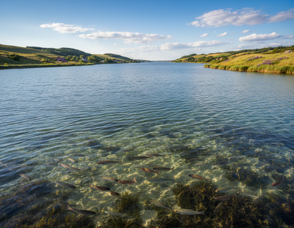 A serene view of the Flensburg Fjord ecosystem, showcasing a rich diversity of marine life. In the foreground, a group of fish swim gracefully through crystal clear waters, reflecting sunlight. The middle ground features lush green hills on either side of the fjord, dotted with colorful wildflowers and patches of coastal vegetation. In the background, the tranquil waters of the fjord gently ripple under a bright blue sky with fluffy white clouds. Soft, warm sunlight bathes the scene, creating a peaceful and inviting atmosphere. The image should capture the essence of a vibrant maritime ecosystem, emphasizing the harmony between land and sea, inviting viewers to appreciate the natural beauty and biodiversity of the Flensburg Fjord. Use a wide-angle lens perspective for a sweeping vista. A serene view of the Flensburg Fjord ecosystem, showcasing a rich diversity of marine life. In the foreground, a group of fish swim gracefully through crystal clear waters, reflecting sunlight. The middle ground features lush green hills on either side of the fjord, dotted with colorful wildflowers and patches of coastal vegetation. In the background, the tranquil waters of the fjord gently ripple under a bright blue sky with fluffy white clouds. Soft, warm sunlight bathes the scene, creating a peaceful and inviting atmosphere. The image should capture the essence of a vibrant maritime ecosystem, emphasizing the harmony between land and sea, inviting viewers to appreciate the natural beauty and biodiversity of the Flensburg Fjord. Use a wide-angle lens perspective for a sweeping vista.