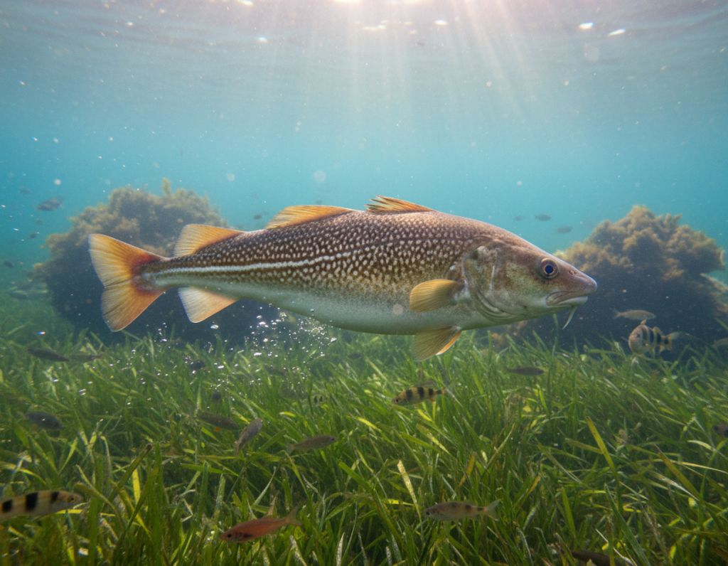 A vibrant underwater scene featuring a Dorsch (cod) swimming gracefully in the clear, blue waters of the Flensburger Förde. In the foreground, detail the textured scales and the iridescent colors of the Dorsch, with small bubbles surrounding it. In the middle ground, incorporate a lush seagrass bed swaying gently in the current, attracting various smaller fish that showcase the biodiversity of the region. In the background, depict blurred outlines of rocky formations and gentle sunlight filtering from the surface, creating shimmering patterns in the water. The atmosphere should evoke a serene and inviting feeling, highlighting the beauty of marine life in its natural habitat, captured from a wide-angle perspective with soft lighting to enhance the underwater tones. A vibrant underwater scene featuring a Dorsch (cod) swimming gracefully in the clear, blue waters of the Flensburger Förde. In the foreground, detail the textured scales and the iridescent colors of the Dorsch, with small bubbles surrounding it. In the middle ground, incorporate a lush seagrass bed swaying gently in the current, attracting various smaller fish that showcase the biodiversity of the region. In the background, depict blurred outlines of rocky formations and gentle sunlight filtering from the surface, creating shimmering patterns in the water. The atmosphere should evoke a serene and inviting feeling, highlighting the beauty of marine life in its natural habitat, captured from a wide-angle perspective with soft lighting to enhance the underwater tones.
