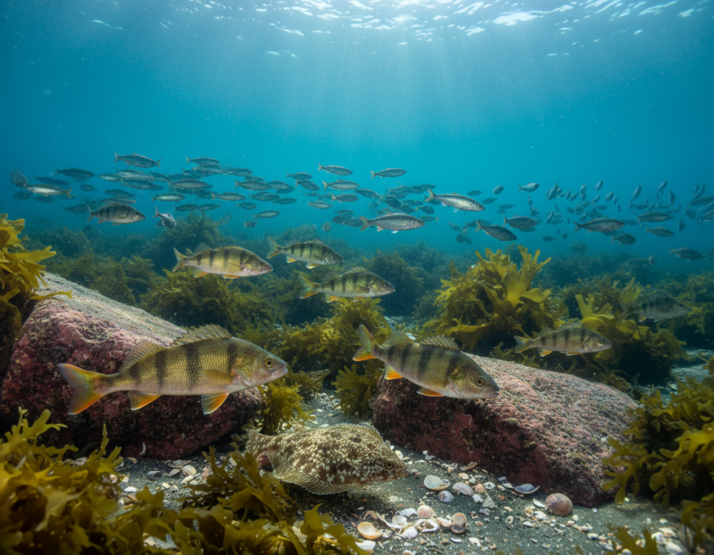 A vibrant underwater scene showcasing native fish species of the Flensburger Förde. In the foreground, colorful European perch and flounders swim among lush seaweed and rock formations, their scales shimmering in the filtered light. The middle ground features schools of sprats and herring, while the background reveals a sandy seabed fading into deeper waters, with soft sunlight illuminating the scene from above. Light rays penetrate the surface, creating a serene and tranquil atmosphere. The image captures the rich biodiversity of the region, with varying shades of blue and green, expertly emphasizing the natural habitat of these fish. Use a wide-angle lens to create depth and focus on the dynamic interplay between the fish and their environment, evoking a sense of discovery and wonder. A vibrant underwater scene showcasing native fish species of the Flensburger Förde. In the foreground, colorful European perch and flounders swim among lush seaweed and rock formations, their scales shimmering in the filtered light. The middle ground features schools of sprats and herring, while the background reveals a sandy seabed fading into deeper waters, with soft sunlight illuminating the scene from above. Light rays penetrate the surface, creating a serene and tranquil atmosphere. The image captures the rich biodiversity of the region, with varying shades of blue and green, expertly emphasizing the natural habitat of these fish. Use a wide-angle lens to create depth and focus on the dynamic interplay between the fish and their environment, evoking a sense of discovery and wonder.